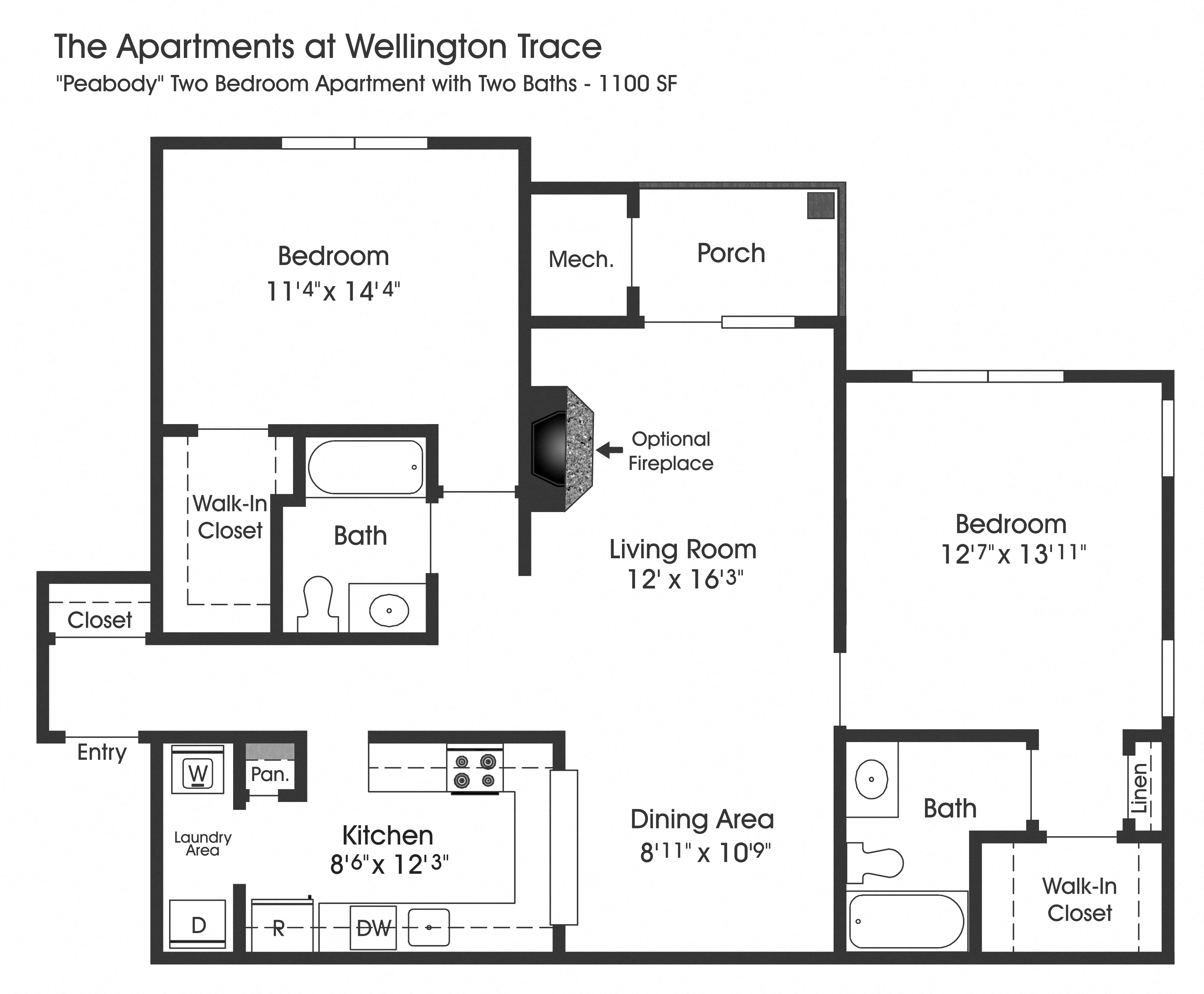 Floor plan for 2 beds, 2 baths, 1100 sqft